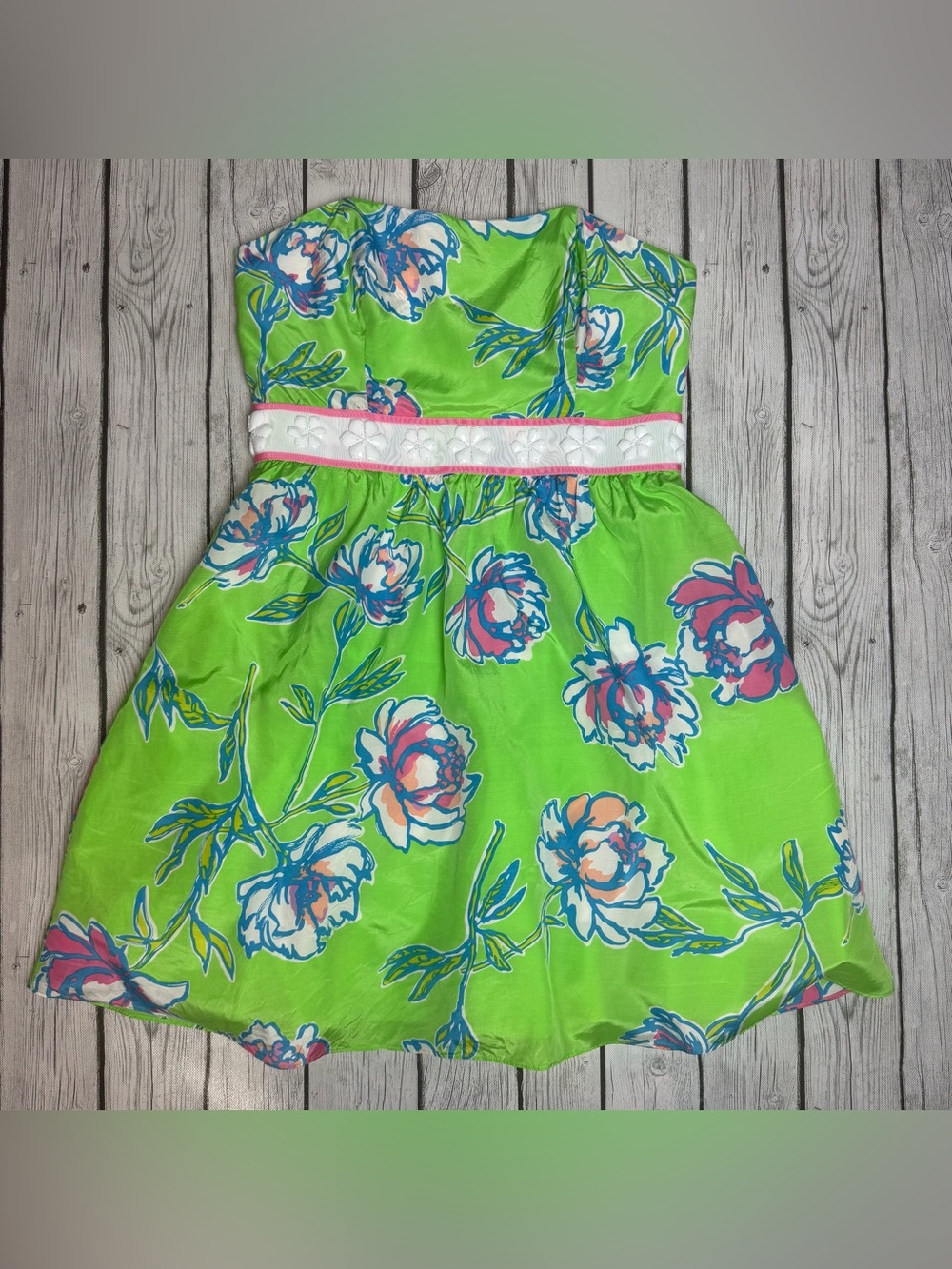 Lilly Pulitzer Women's 8 Langley Strapless Beaded Silk New Green Tossed Dress